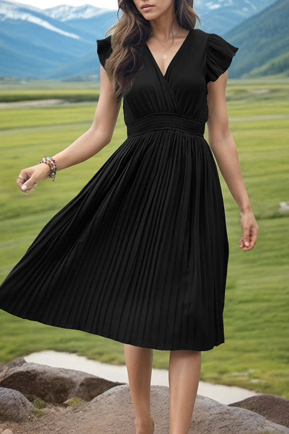 Tied Smocked Waist Flutter Sleeve Dress -BazaarBey - www.shopbazaarbey.com