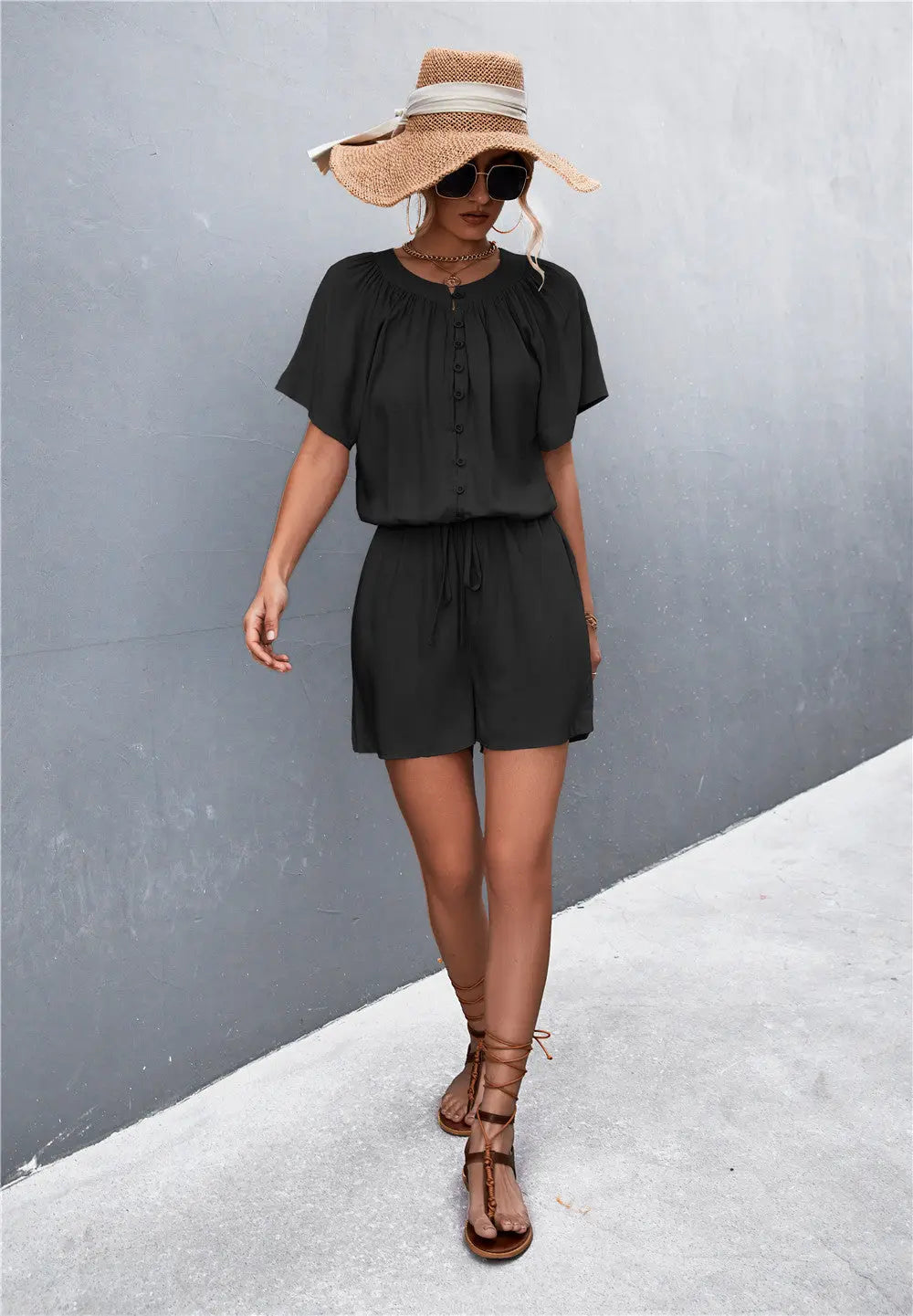 Buttoned Gather Detail Romper Bazaarbey