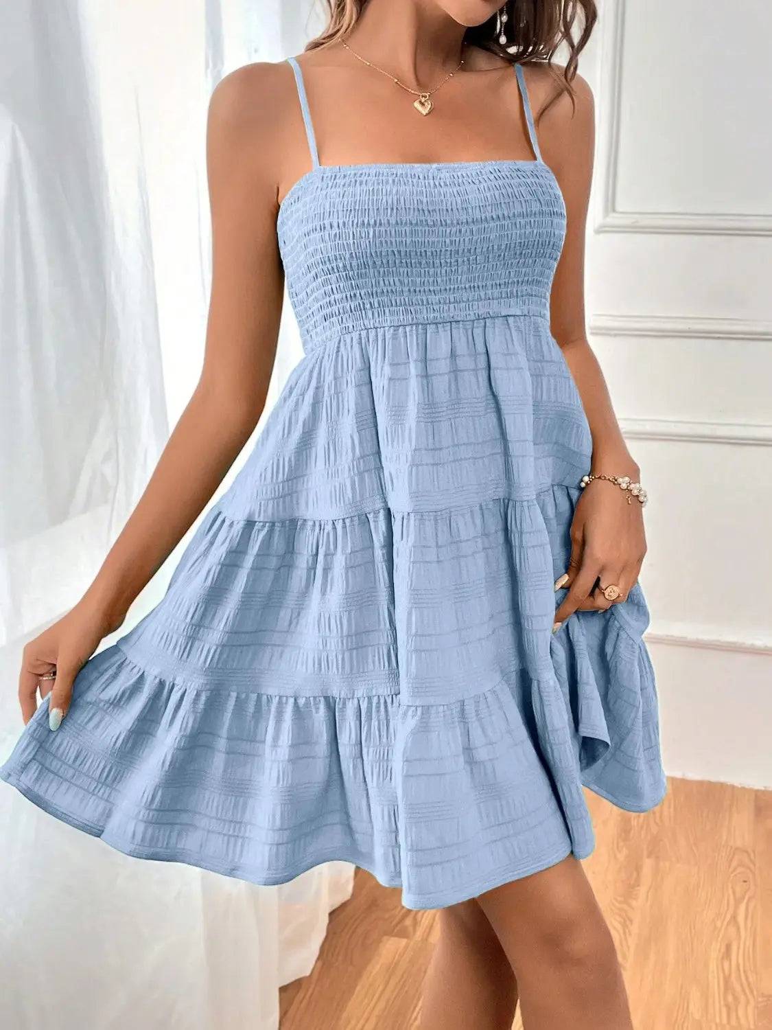 Smocked Tiered Sleeveless Mini Dress -BazaarBey - www.shopbazaarbey.com