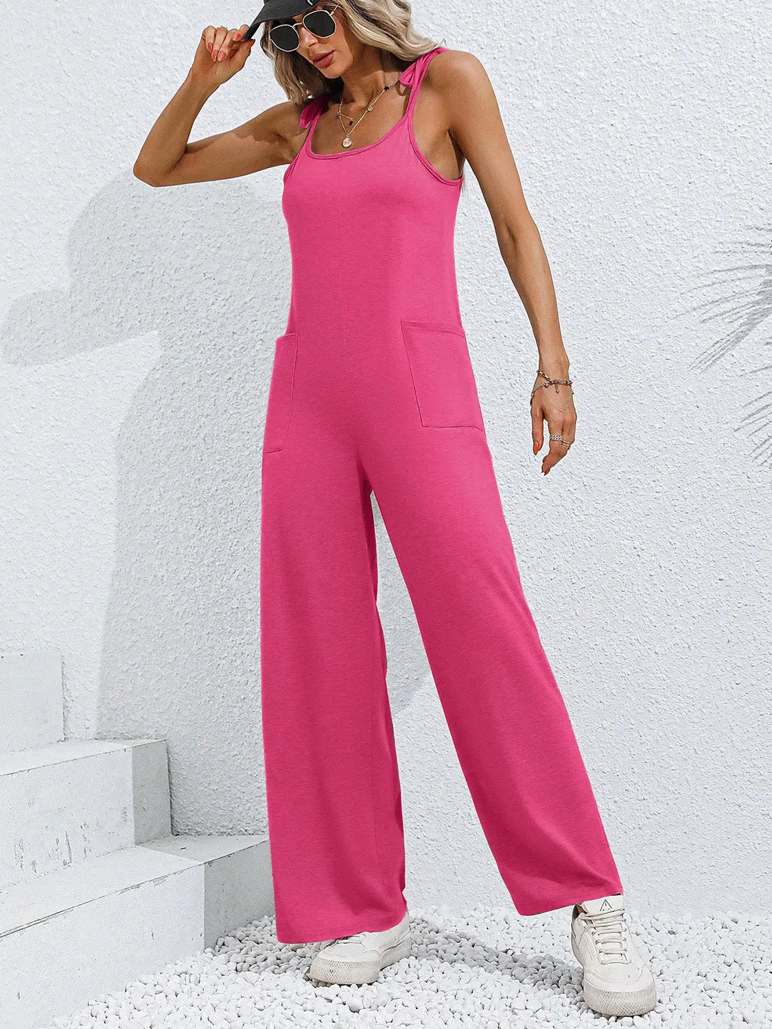 Tie-Shoulder Wide Leg Jumpsuit with Pockets Trendsi