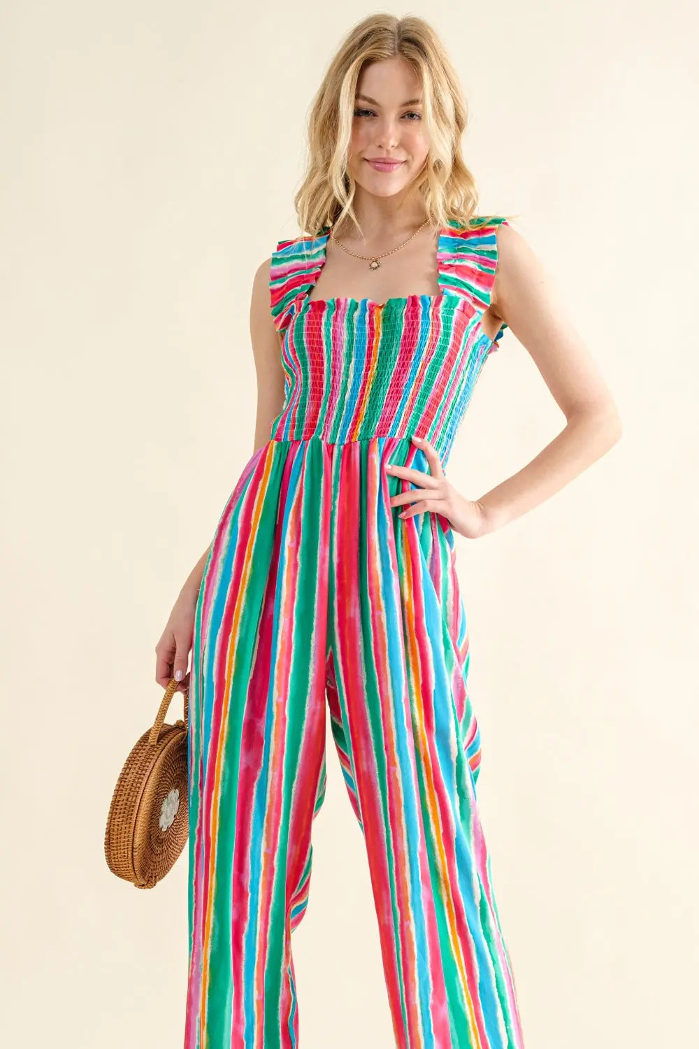 And The Why  Striped Smocked Sleeveless Jumpsuit Trendsi