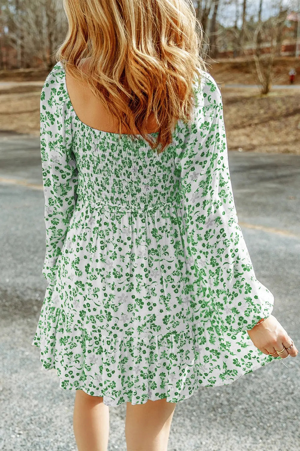 Smocked Floral Square Neck Balloon Sleeve Dress -BazaarBey - www.shopbazaarbey.com