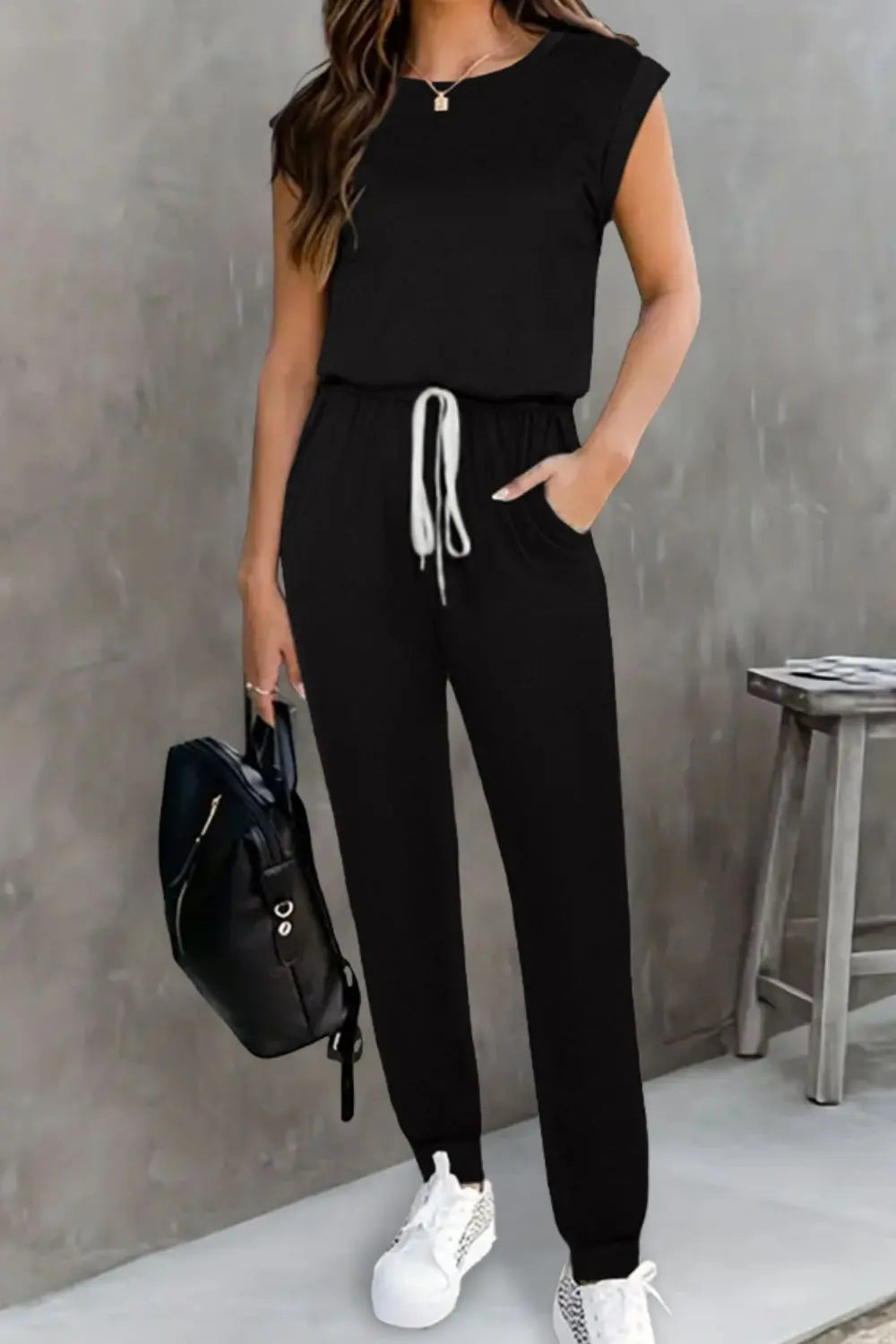 BazaarBey Drawstring Round Neck Sleeveless Jumpsuit 