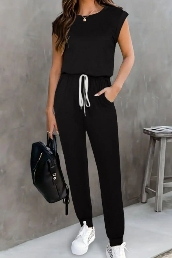BazaarBey Drawstring Round Neck Sleeveless Jumpsuit 