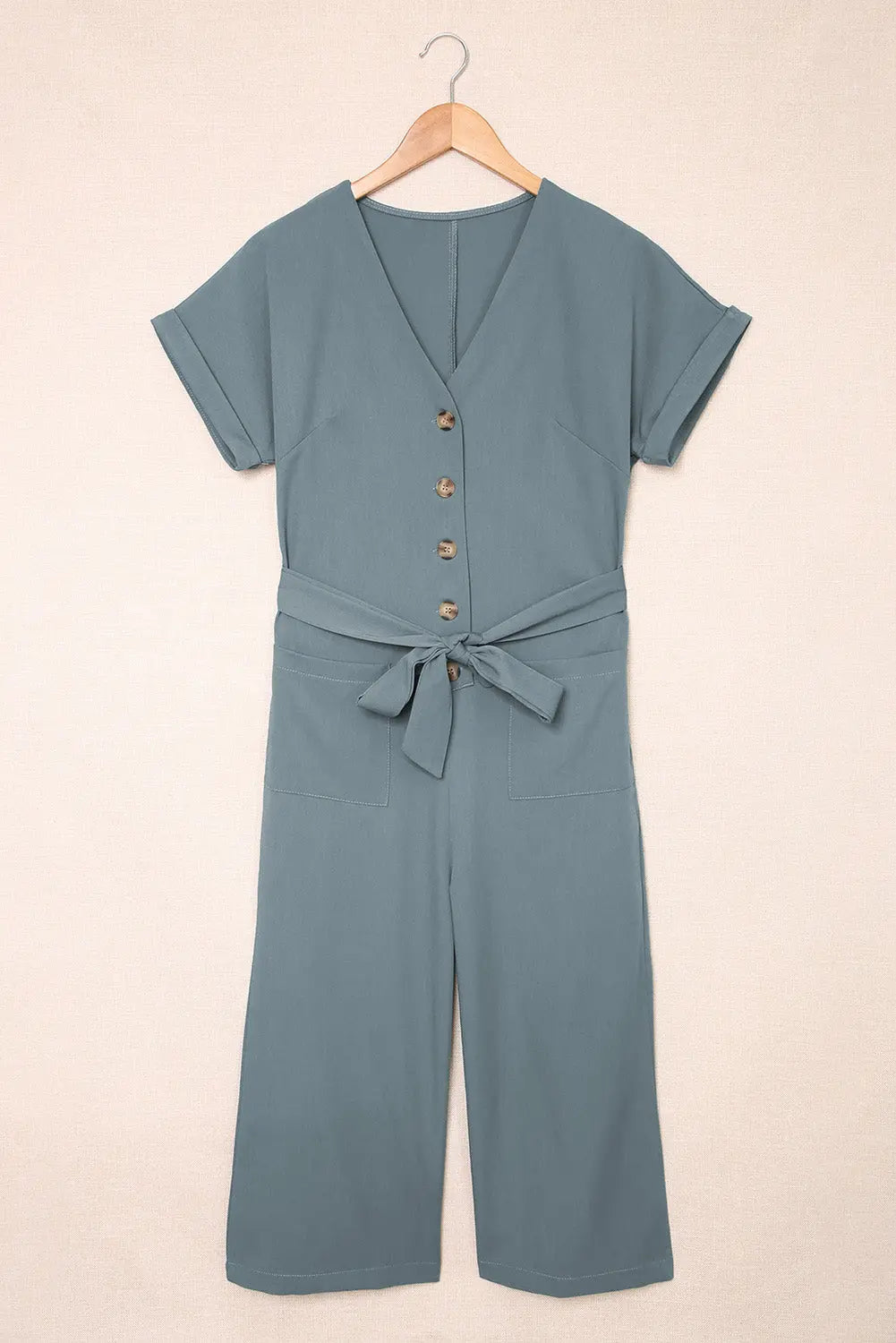 Tie-Waist Buttoned Cropped Jumpsuit Trendsi