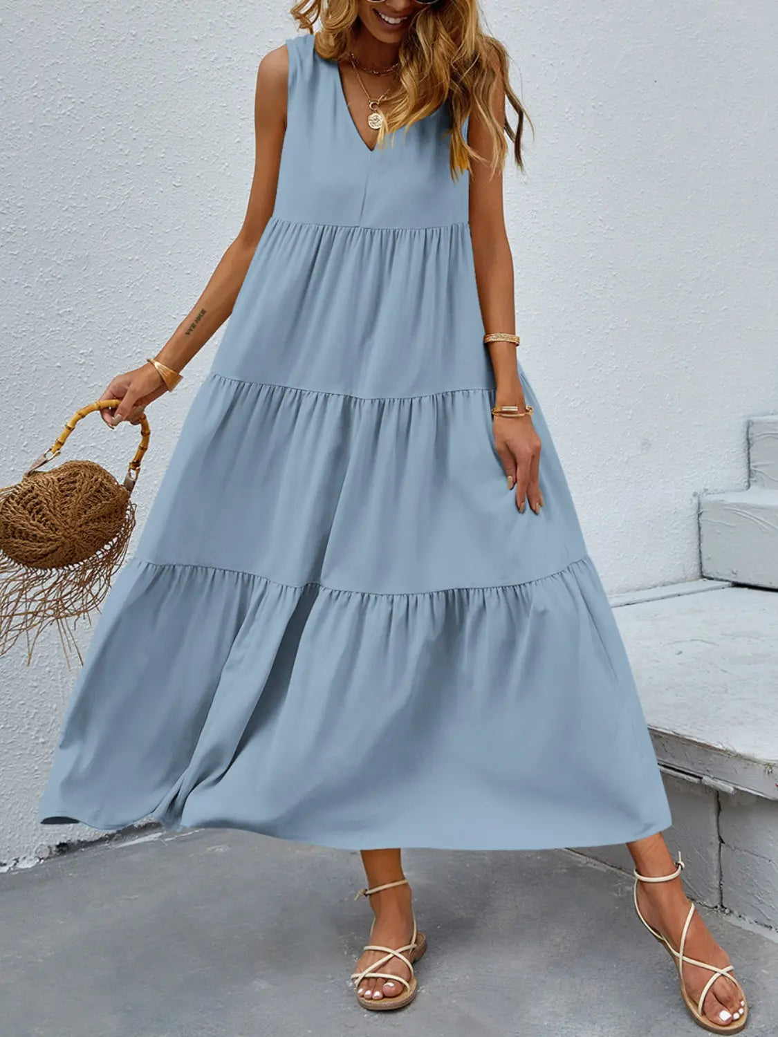 Tiered V-Neck Sleeve Dress -BazaarBey - www.shopbazaarbey.com