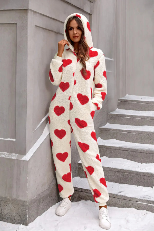 BazaarBey Fuzzy Heart Zip Up Hooded Lounge Jumpsuit 
