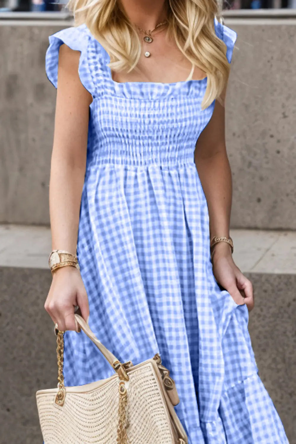 Full Size Smocked Ruffled Plaid Ruffle Hem Dress -BazaarBey - www.shopbazaarbey.com