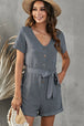 V-Neck Short Sleeve Tie Belt Romper with Pockets Trendsi