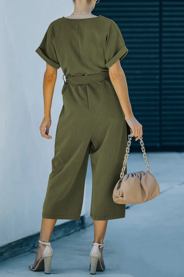 Tie-Waist Buttoned Cropped Jumpsuit Trendsi