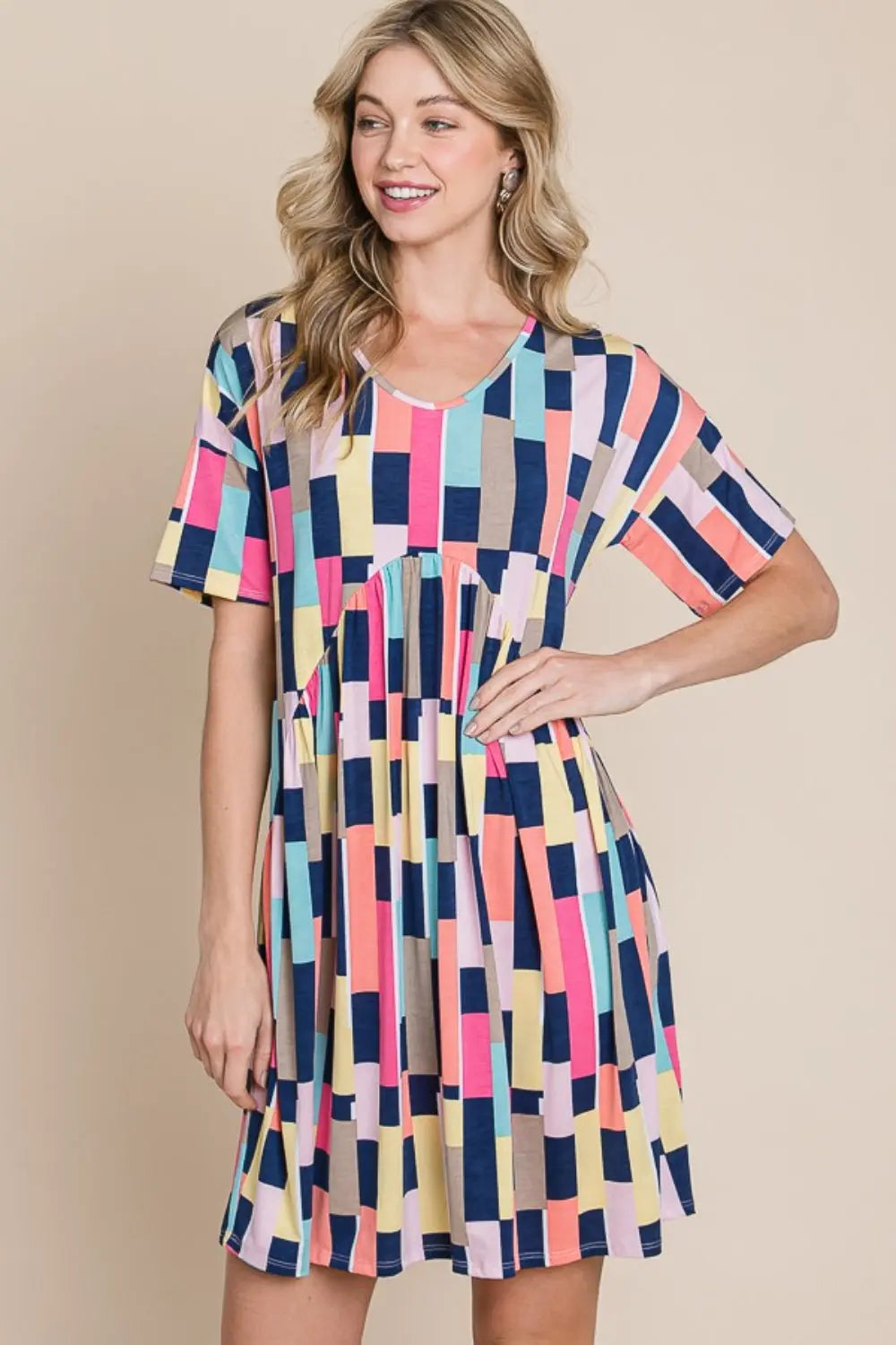  Ruched Color Block Short Sleeve Mini Dress -BazaarBey - www.shopbazaarbey.com
