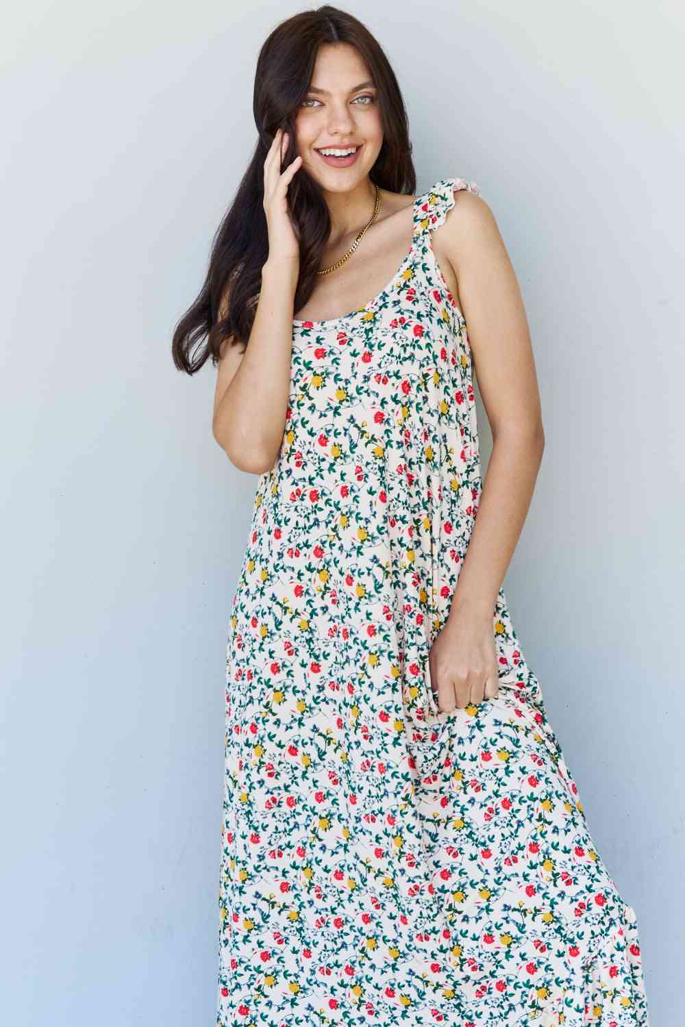  In The Garden Ruffle Floral Maxi Dress in Natural Rose -BazaarBey - www.shopbazaarbey.com