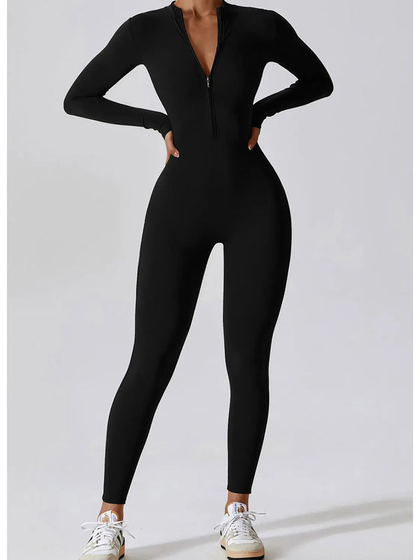 Zip Up Mock Neck Long Sleeve Jumpsuit Trendsi