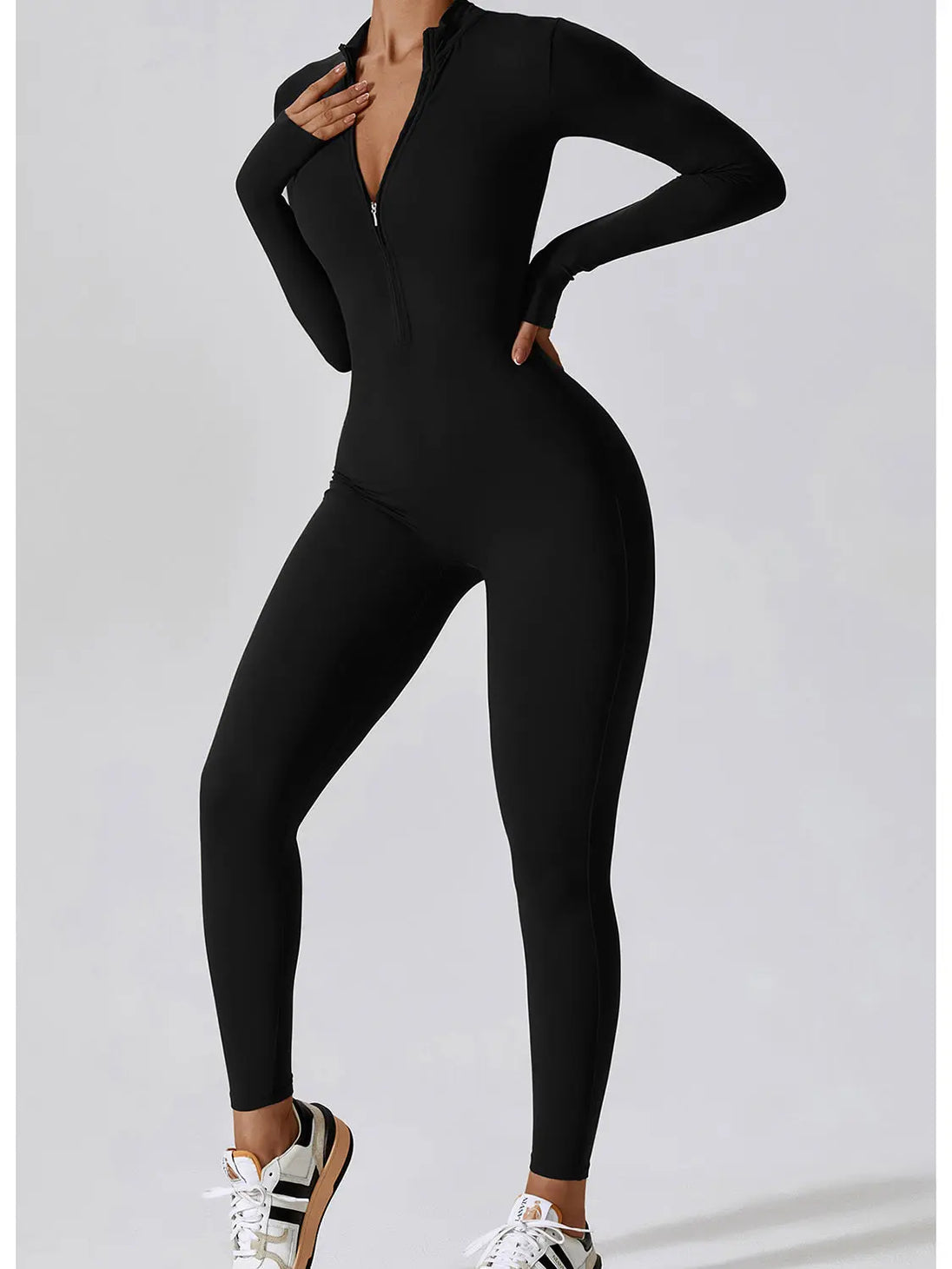 Zip Up Mock Neck Long Sleeve Jumpsuit Trendsi