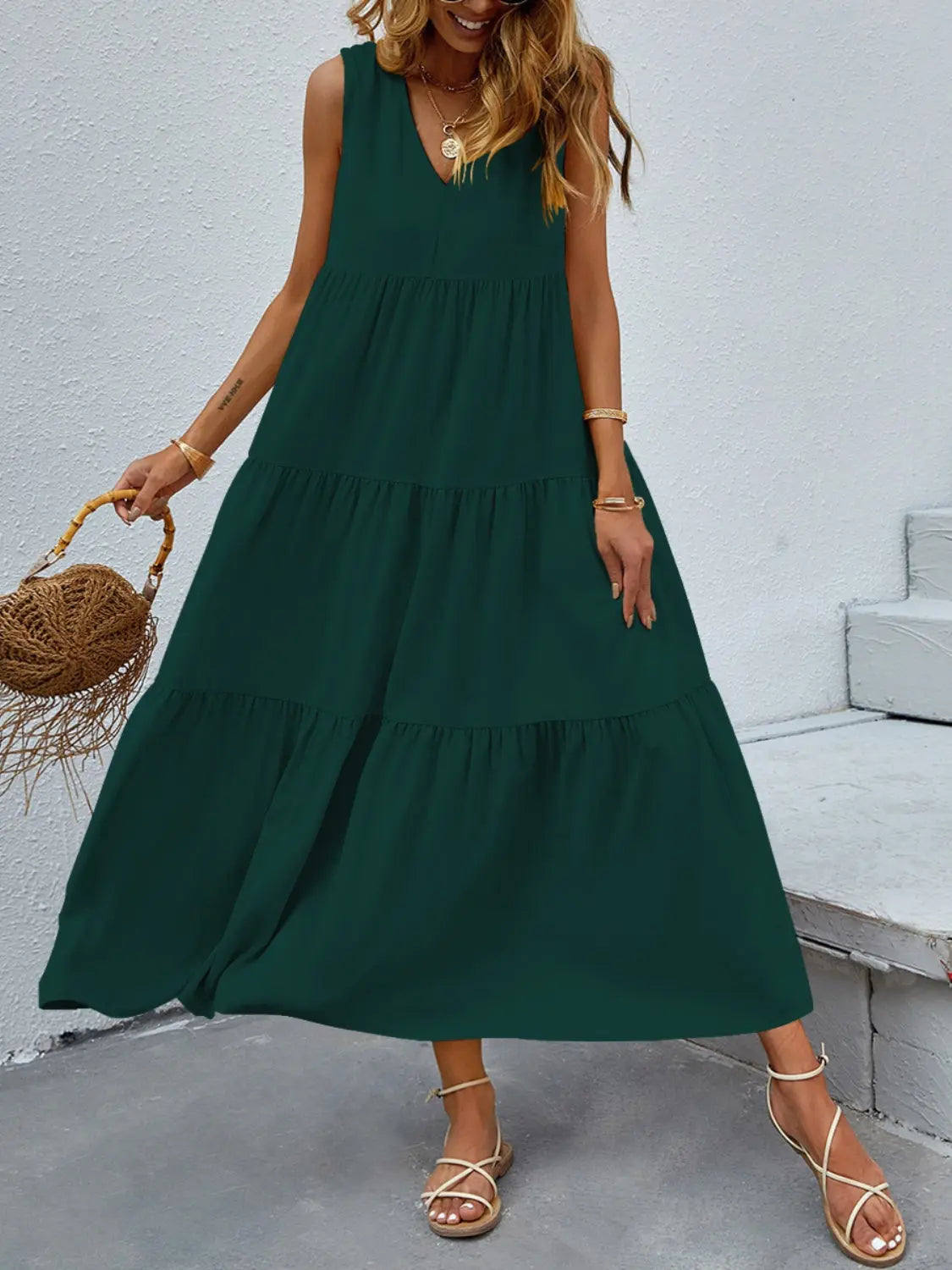 Tiered V-Neck Sleeve Dress -BazaarBey - www.shopbazaarbey.com