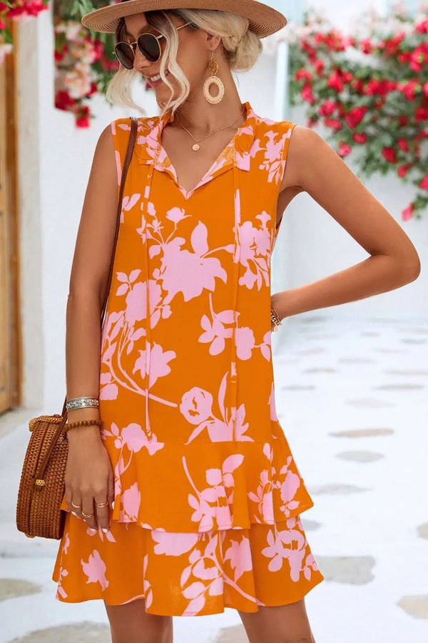 Printed Tie Neck Sleeveless Dress -BazaarBey - www.shopbazaarbey.com
