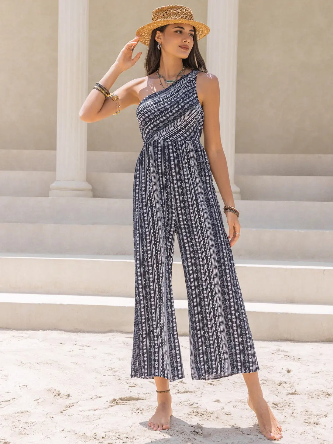 Printed Single Shoulder Sleeveless Jumpsuit Trendsi