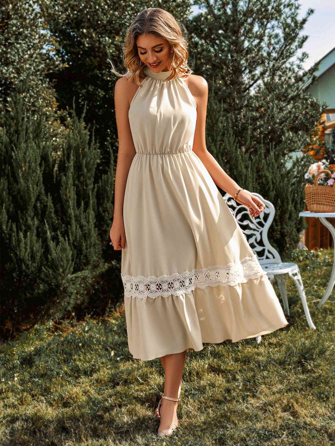  Neck Spliced Lace Midi Dress -BazaarBey - www.shopbazaarbey.com