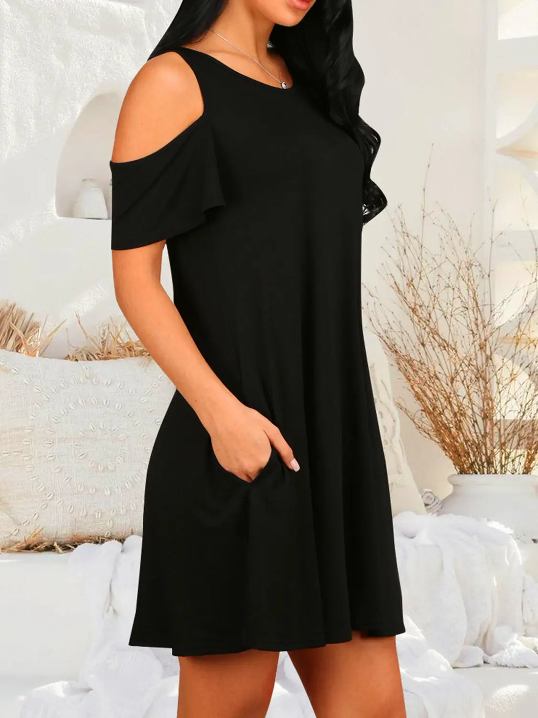Round Neck Cold Shoulder Short Sleeve Dress -BazaarBey - www.shopbazaarbey.com
