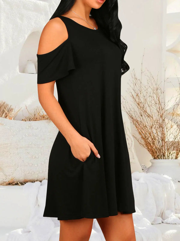 Round Neck Cold Shoulder Short Sleeve Dress -BazaarBey - www.shopbazaarbey.com