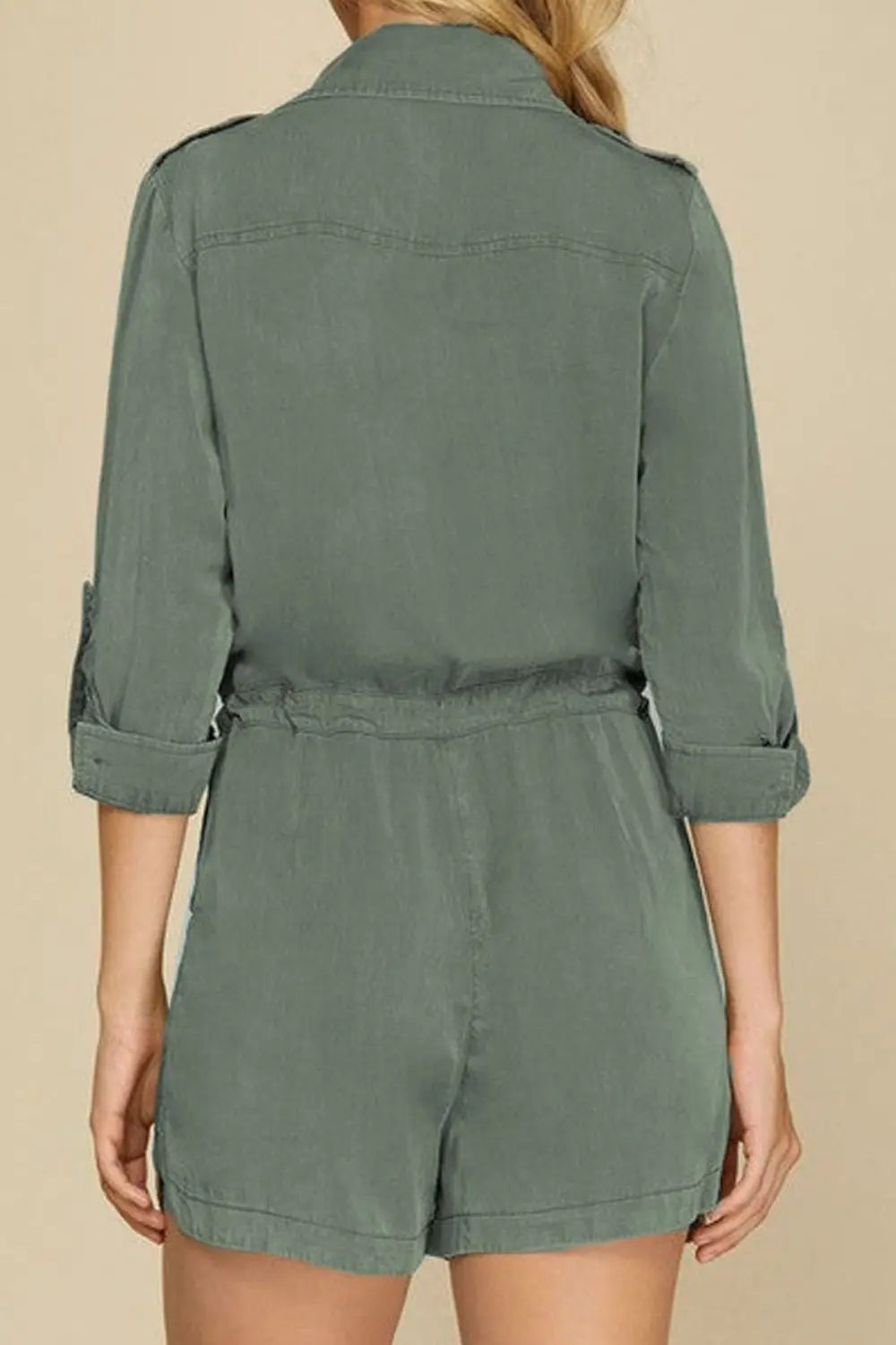 Collared Neck Drawstring Roll-Tab Sleeve Romper Trendsi