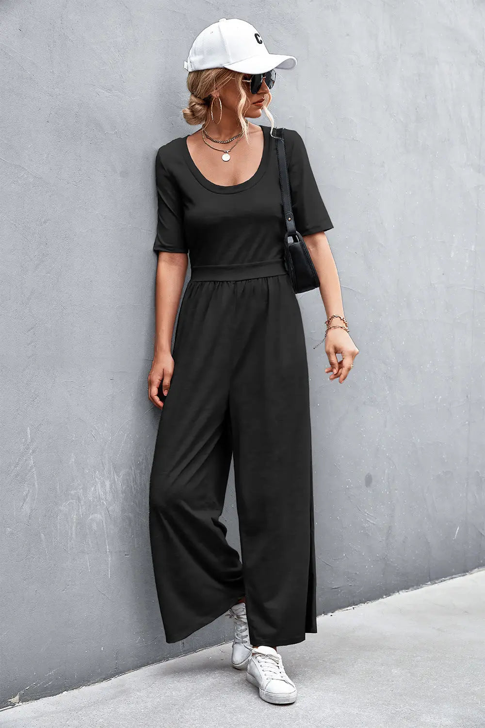 Scoop Neck Half Sleeve Wide Leg Jumpsuit Trendsi