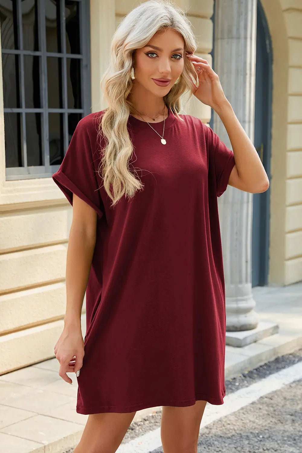 Round Neck Rolled Short Sleeve Tee Dress -BazaarBey - www.shopbazaarbey.com