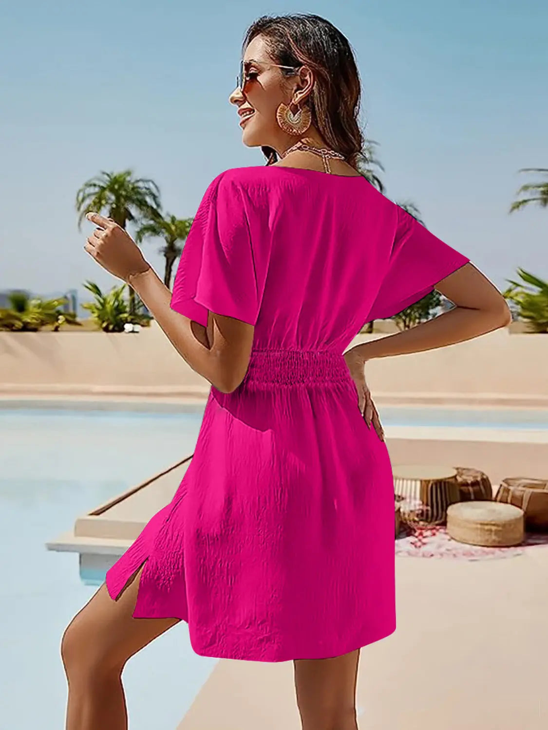 Smocked V-Neck Short Sleeve Dress -BazaarBey - www.shopbazaarbey.com