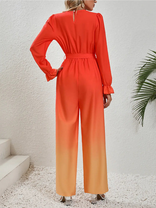 Gradient Tie Front Flounce Sleeve Jumpsuit Trendsi