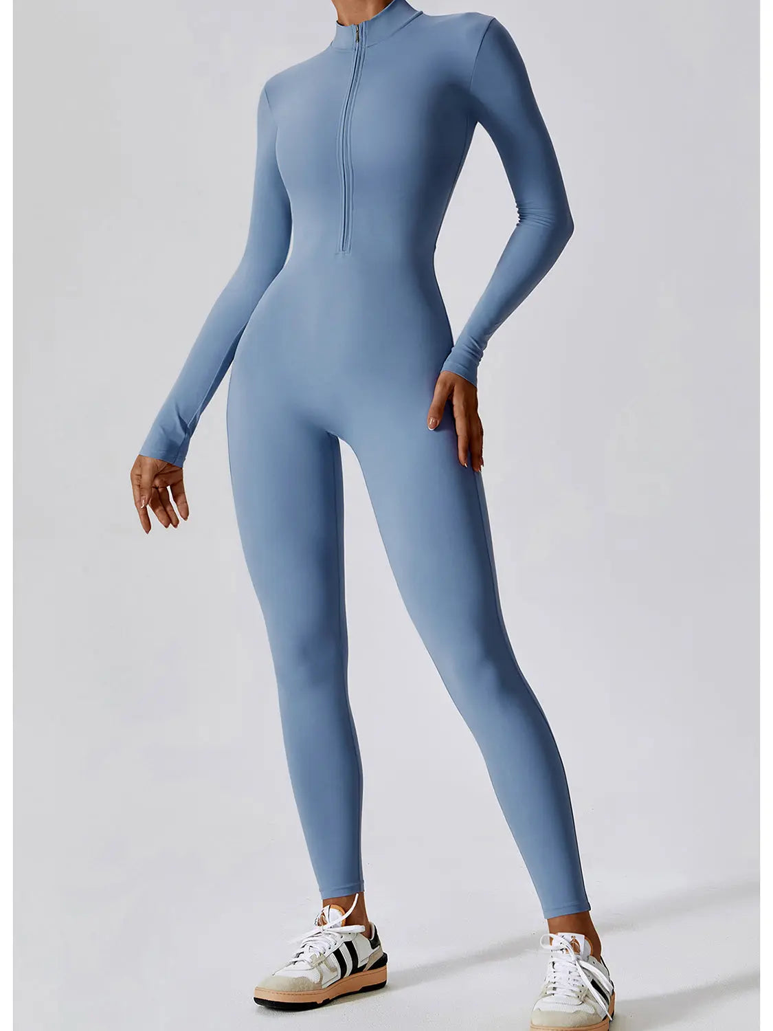 Zip Up Mock Neck Long Sleeve Jumpsuit Trendsi