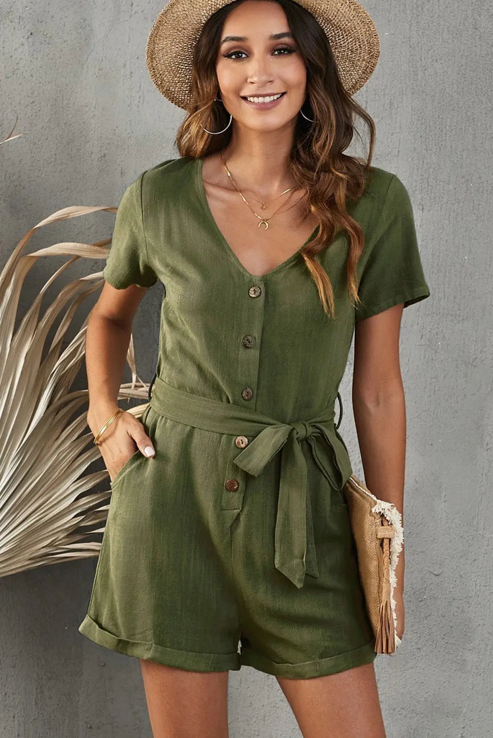 V-Neck Short Sleeve Tie Belt Romper with Pockets Trendsi