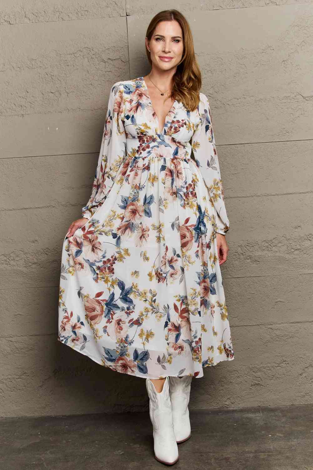  Good Day Chiffon Floral Midi Dress -BazaarBey - www.shopbazaarbey.com