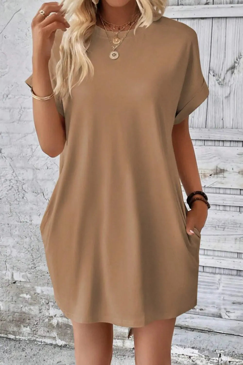 Pocketed Round Neck Short Sleeve Dress -BazaarBey - www.shopbazaarbey.com