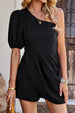 BazaarBey One-Shoulder Puff Sleeve Pleated Detail Romper 