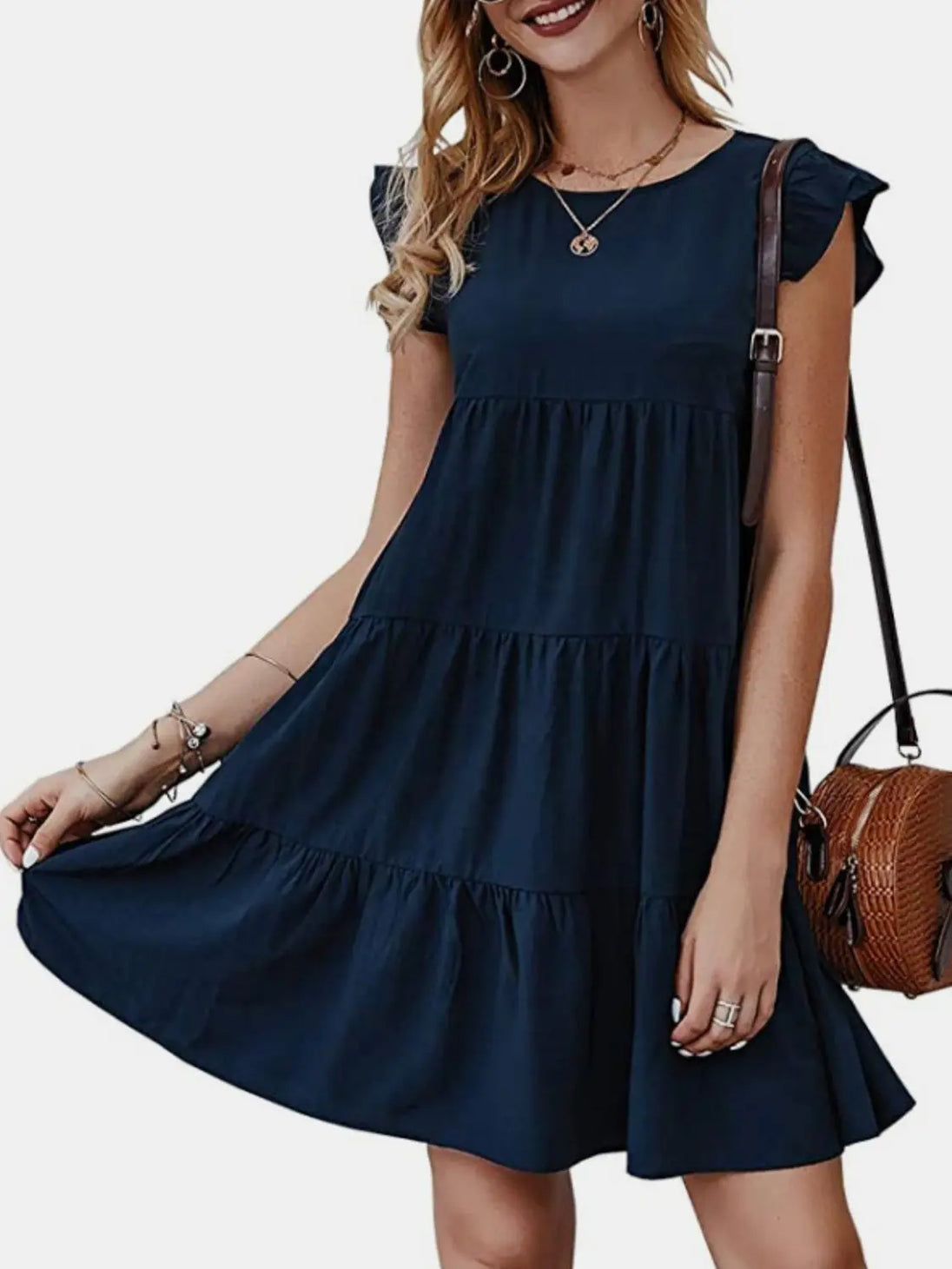 Ruffled Round Neck Cap Sleeve Mini Dress -BazaarBey - www.shopbazaarbey.com