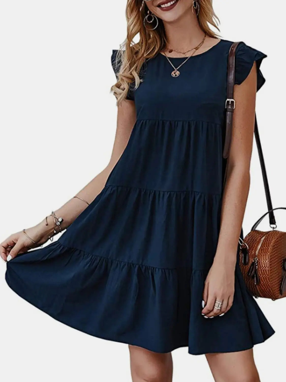Ruffled Round Neck Cap Sleeve Mini Dress -BazaarBey - www.shopbazaarbey.com