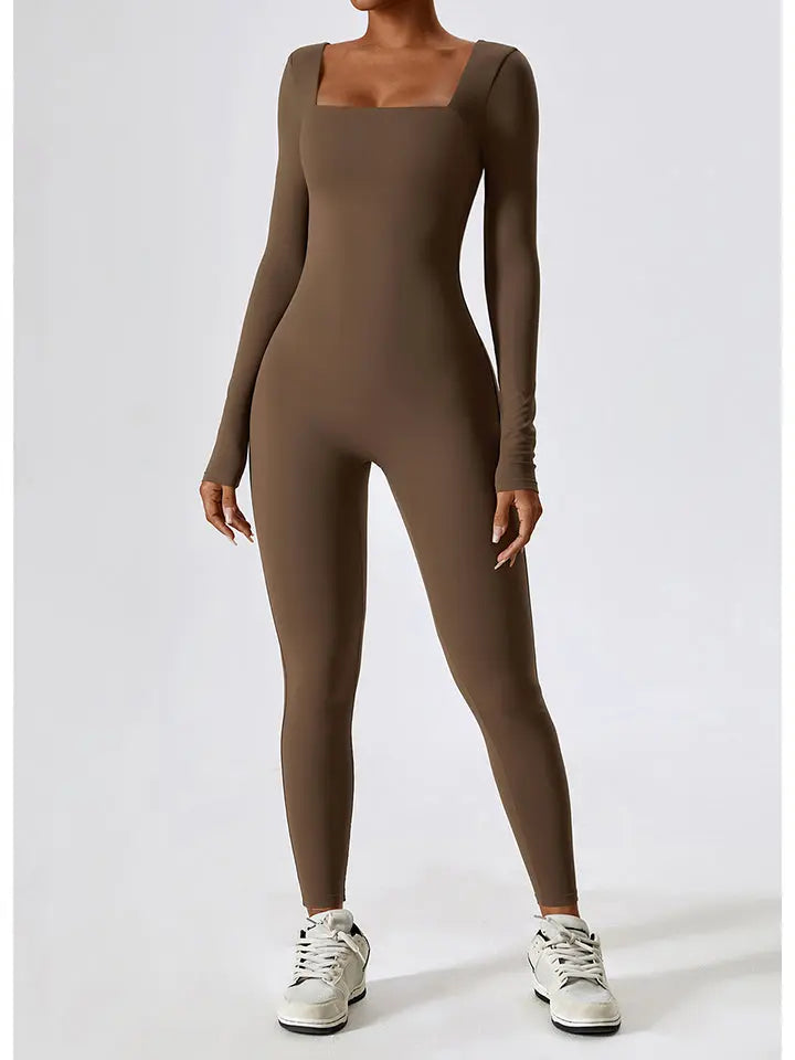 Square Neck Long Sleeve Sports Jumpsuit Trendsi