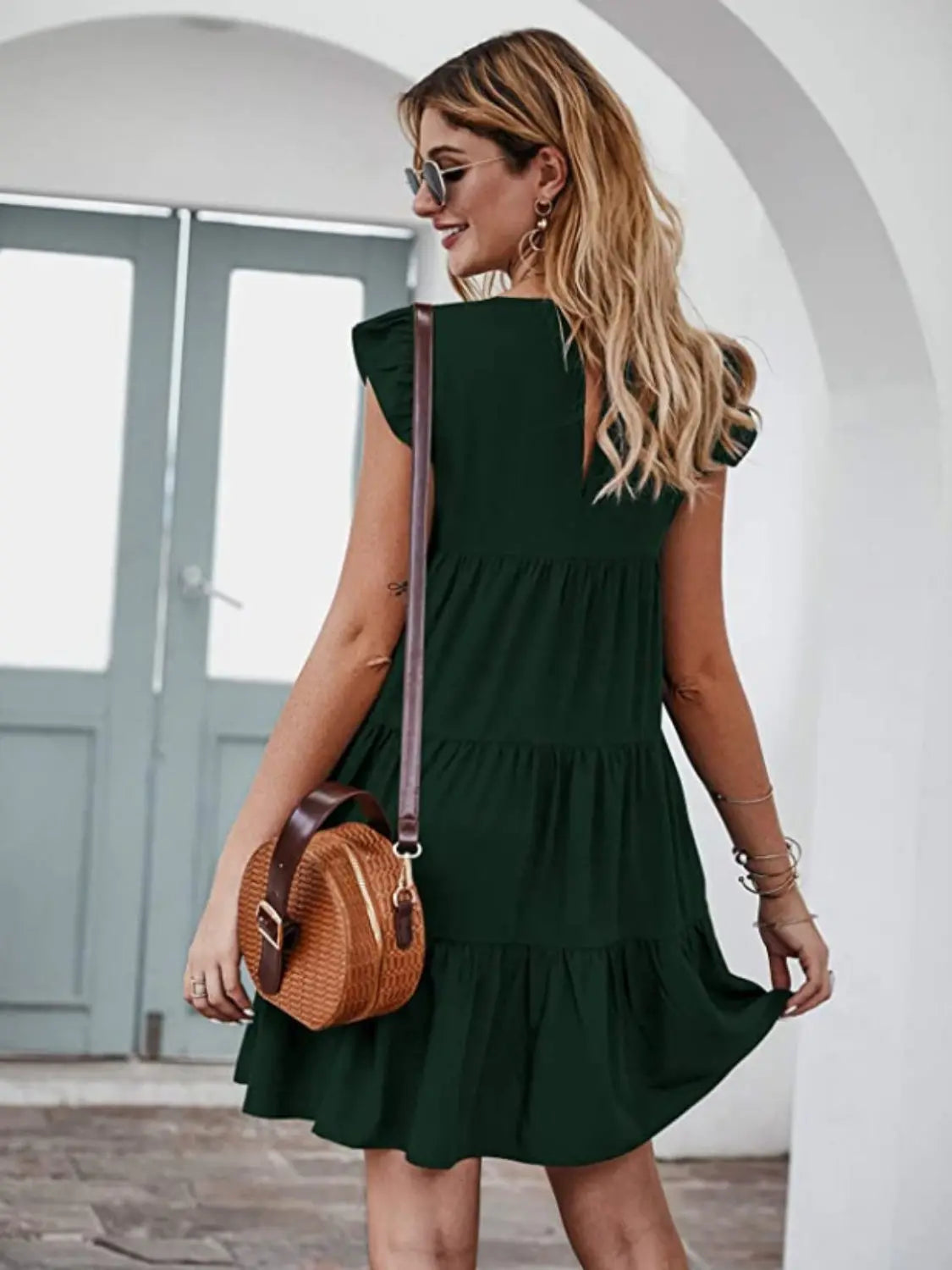 Ruffled Round Neck Cap Sleeve Mini Dress -BazaarBey - www.shopbazaarbey.com
