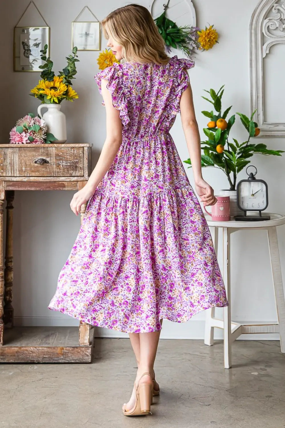  Printed V-Neck Ruffled Midi Dress -BazaarBey - www.shopbazaarbey.com