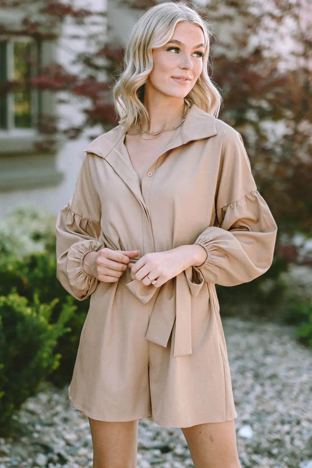 Tie Front Button Up Collared Neck Rompers Trendsi