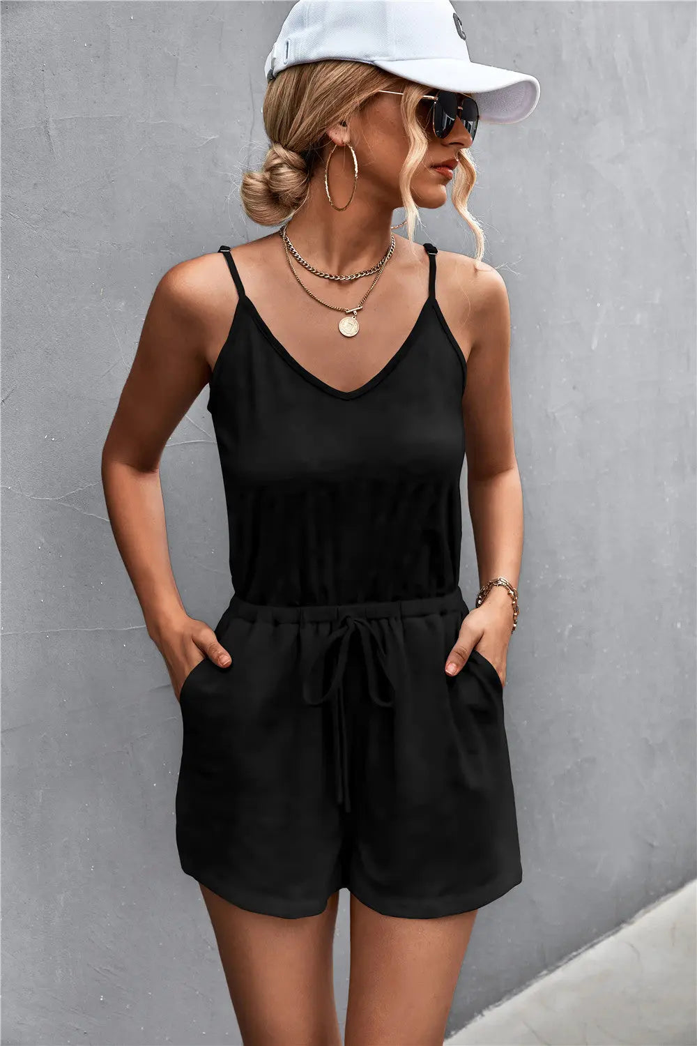 Spaghetti Strap V-Neck Pocket Romper Trendsi