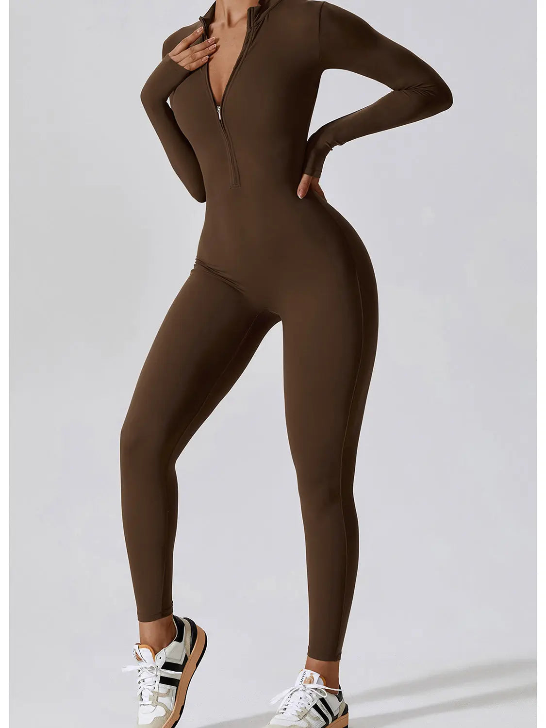 Zip Up Mock Neck Long Sleeve Jumpsuit Trendsi
