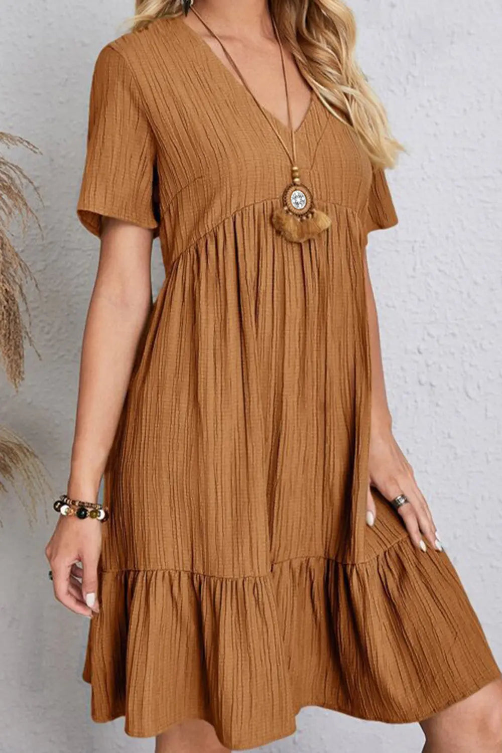 Full Size Ruched V-Neck Short Sleeve Dress -BazaarBey - www.shopbazaarbey.com
