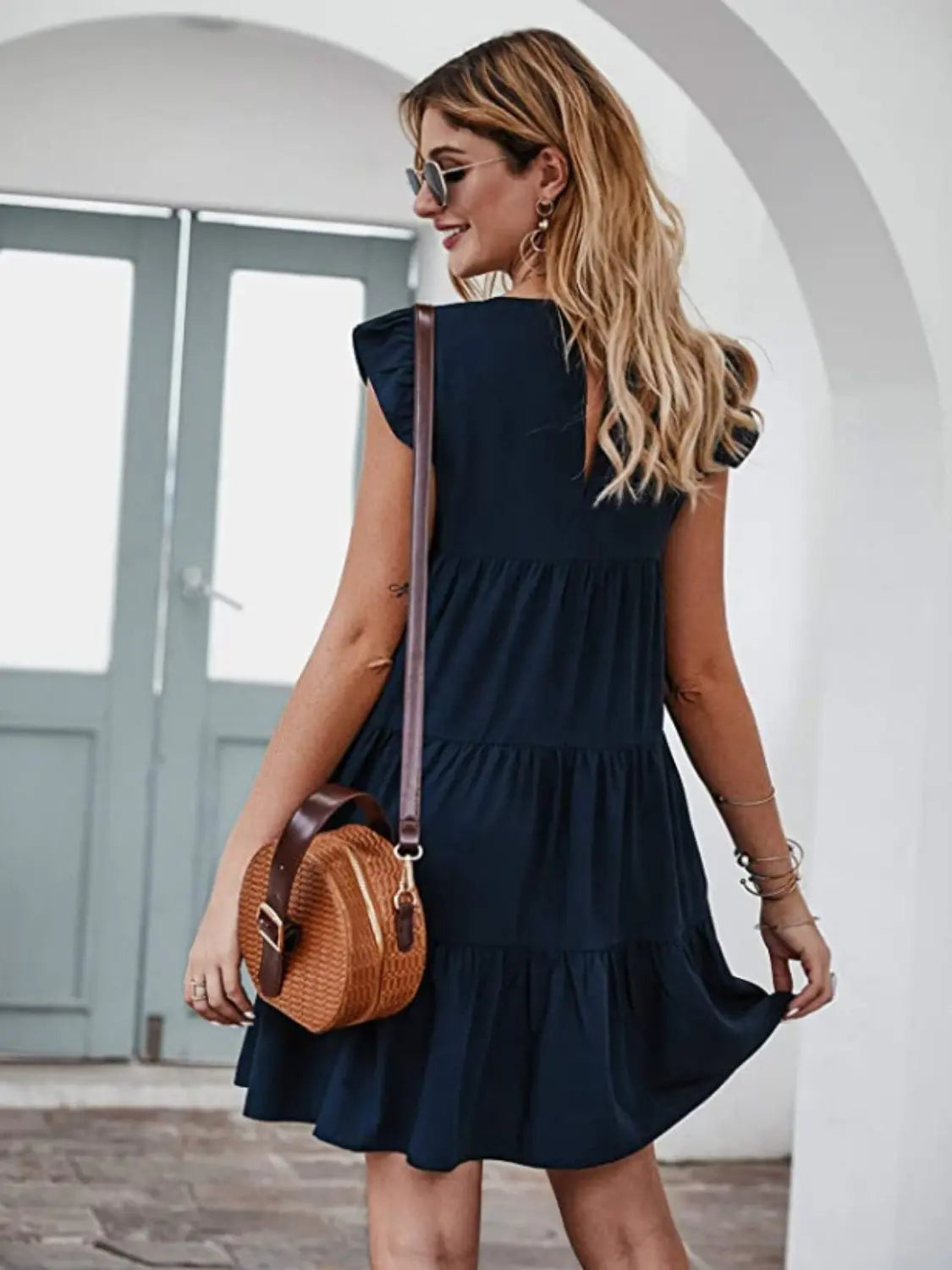 Ruffled Round Neck Cap Sleeve Mini Dress -BazaarBey - www.shopbazaarbey.com