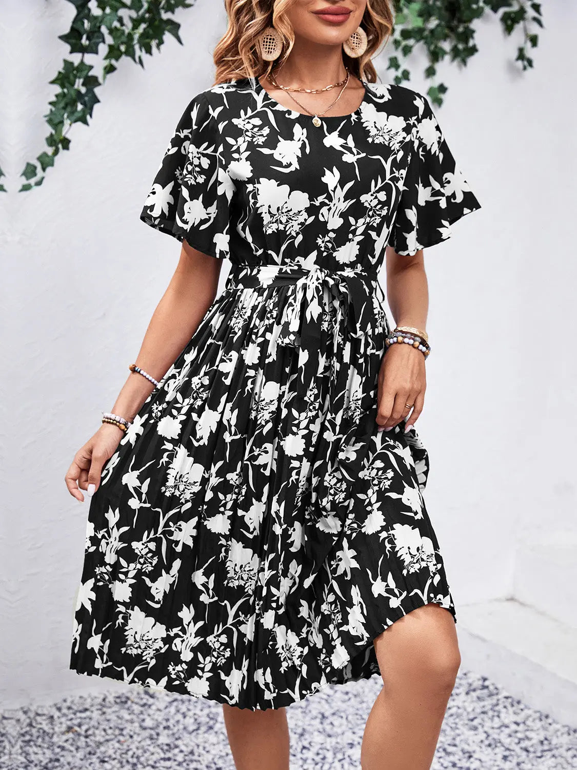 Printed Round Neck Short Sleeve Dress -BazaarBey - www.shopbazaarbey.com