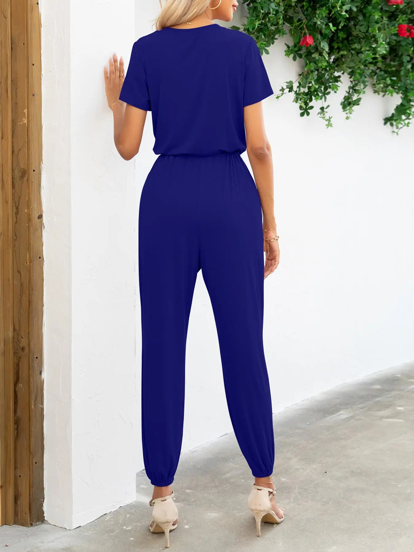 Short Sleeve V-Neck Jumpsuit with Pockets Trendsi