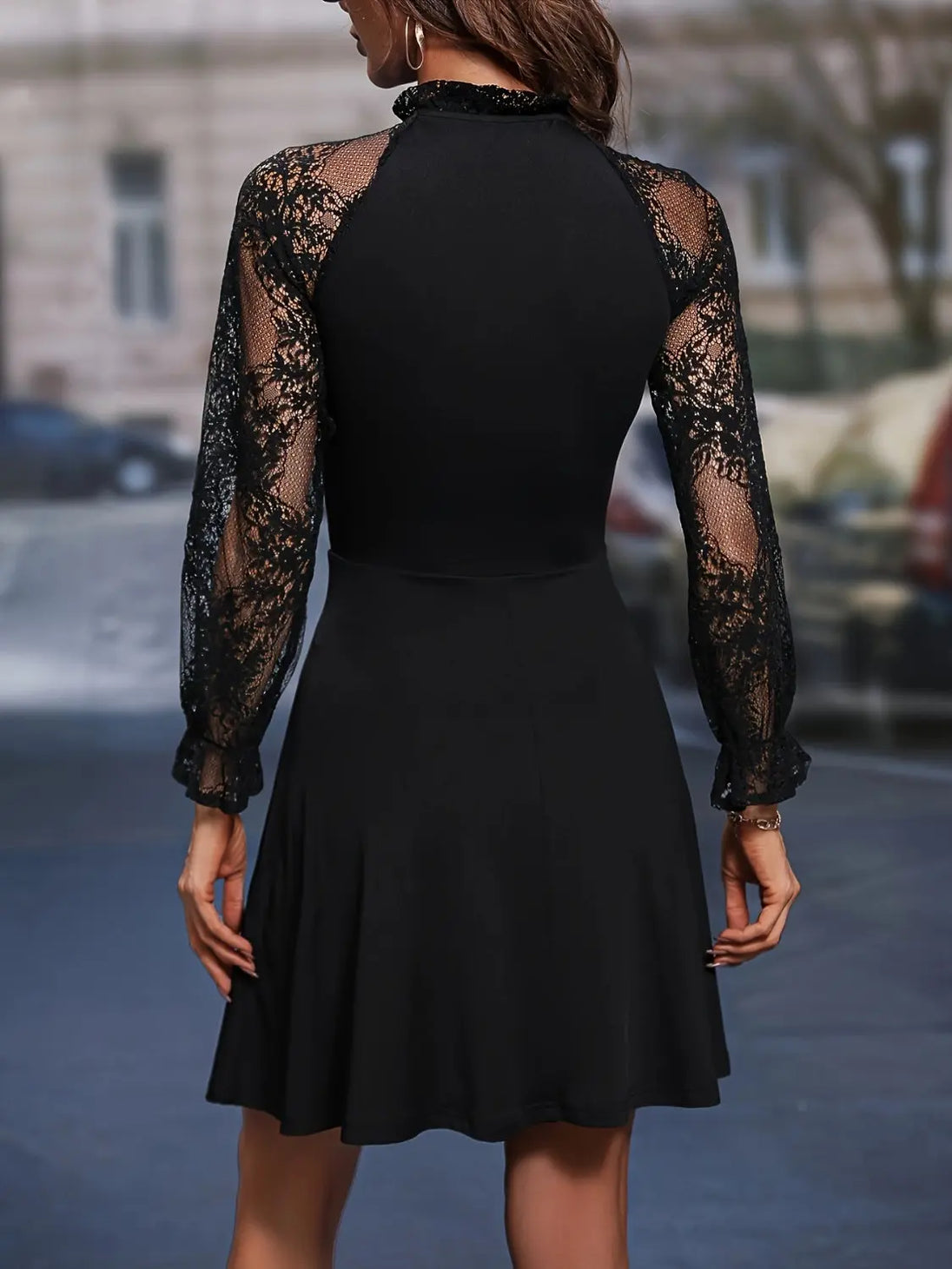 Lace Tie Neck Flounce Sleeve Dress -BazaarBey - www.shopbazaarbey.com