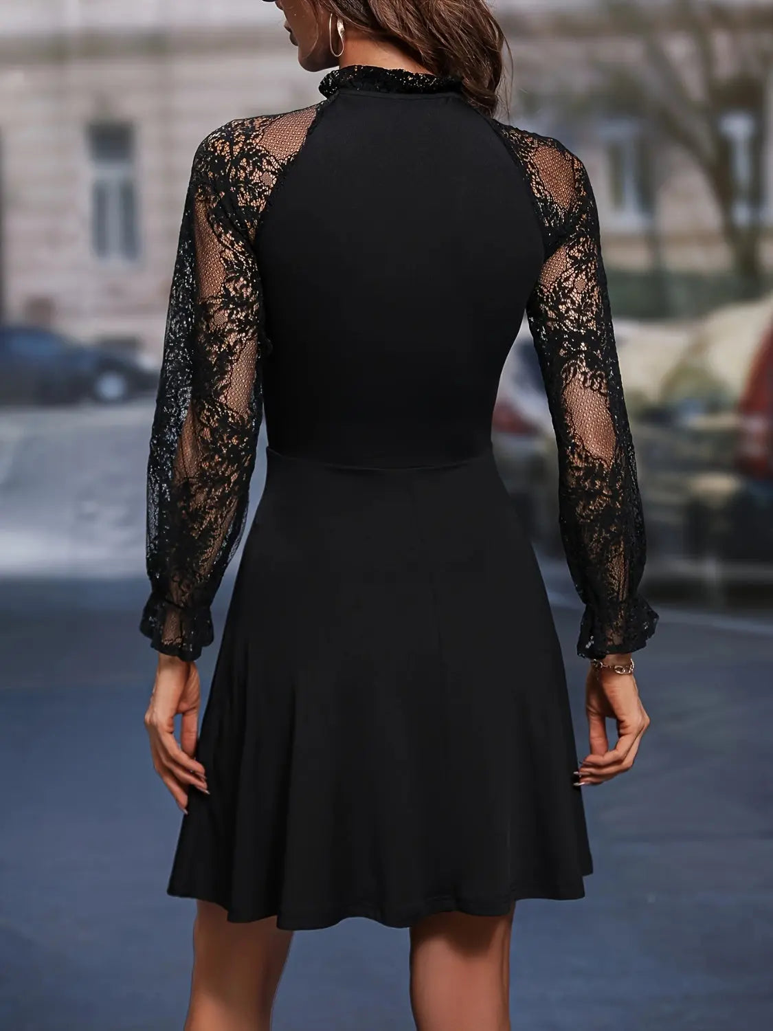 Lace Tie Neck Flounce Sleeve Dress -BazaarBey - www.shopbazaarbey.com