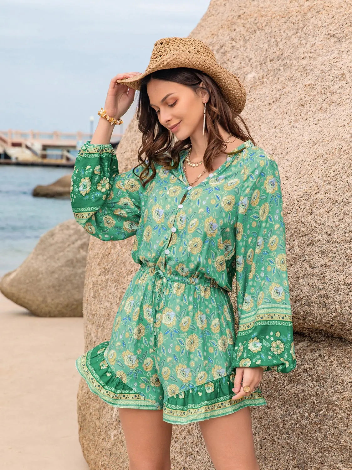Printed Ruffled Balloon Sleeve Romper Trendsi