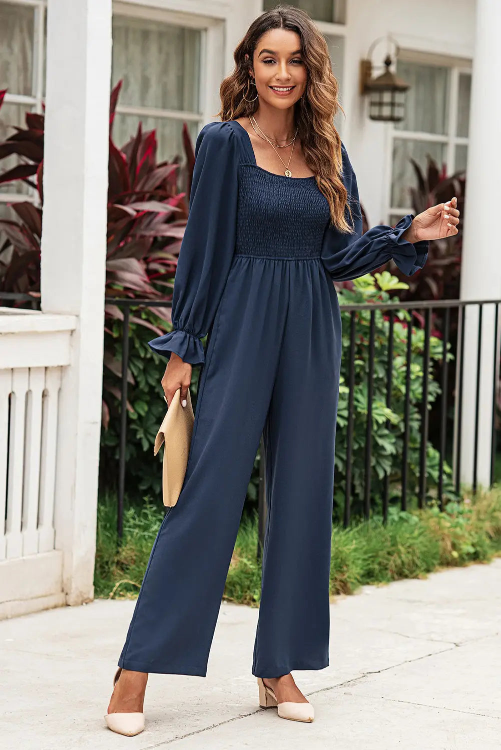Smocked Long Flounce Sleeve Square Neck Jumpsuit Trendsi